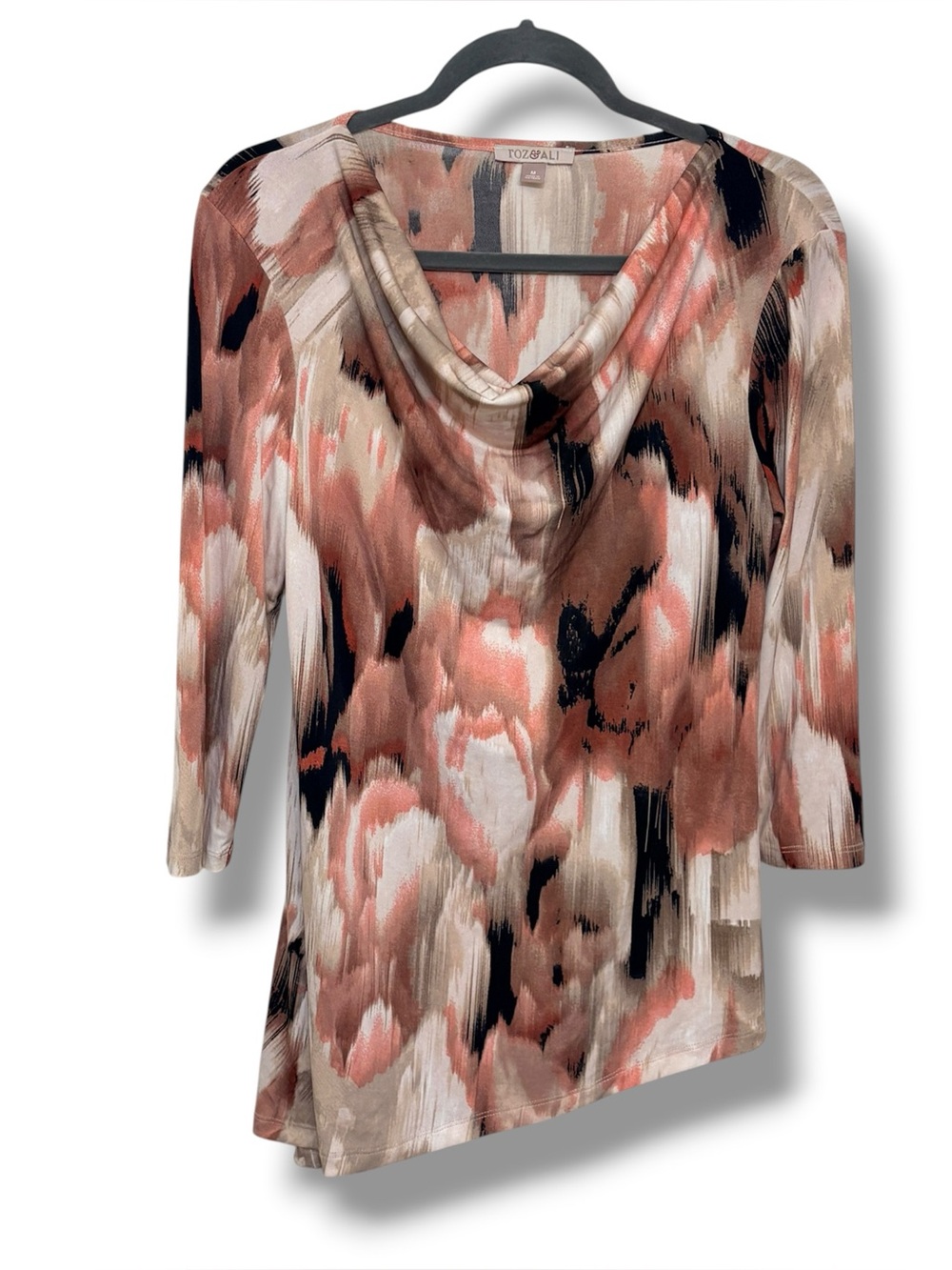 Roz & Ali Abstract Artsy Cowl Neck Asymmetrical Tunic Blouse Top Size M